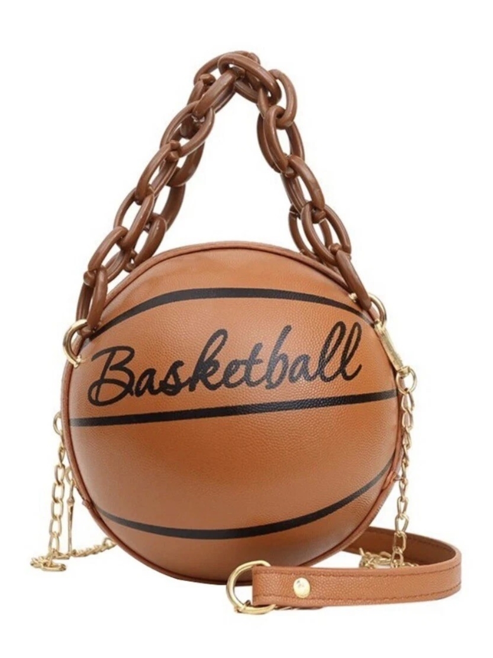 Basketball Shaped Purse Round Crossbody Bag Chain Top Handle Brown
